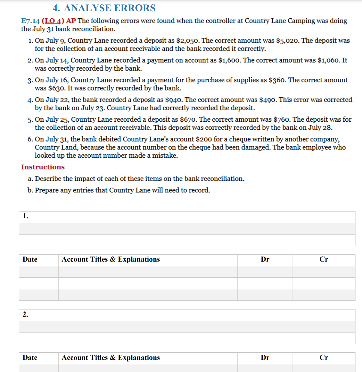 4. ANALYSE ERRORS E114 (LO 4') AP The following