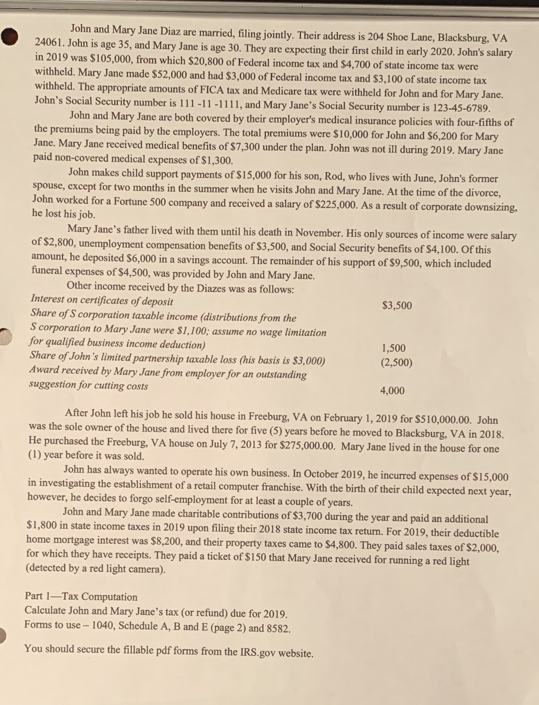 John and Mary Jane Diaz are married, filing