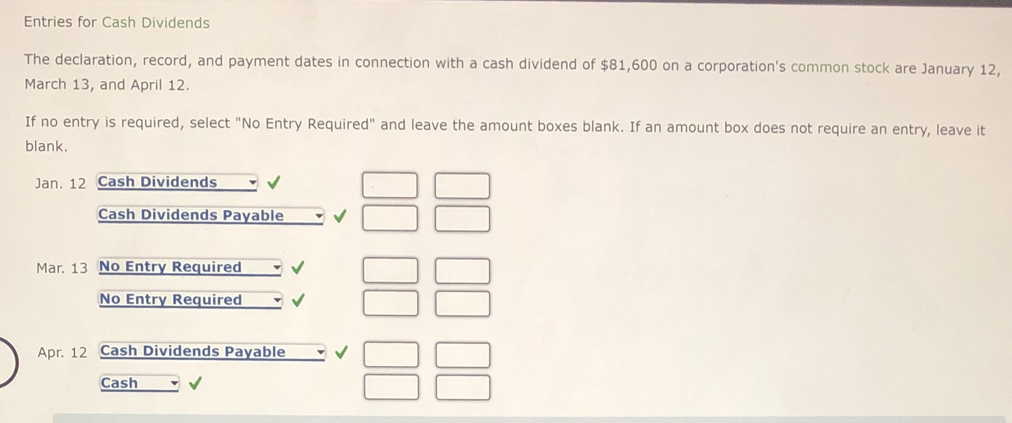 Entries for cash dividends Entries for Cash
