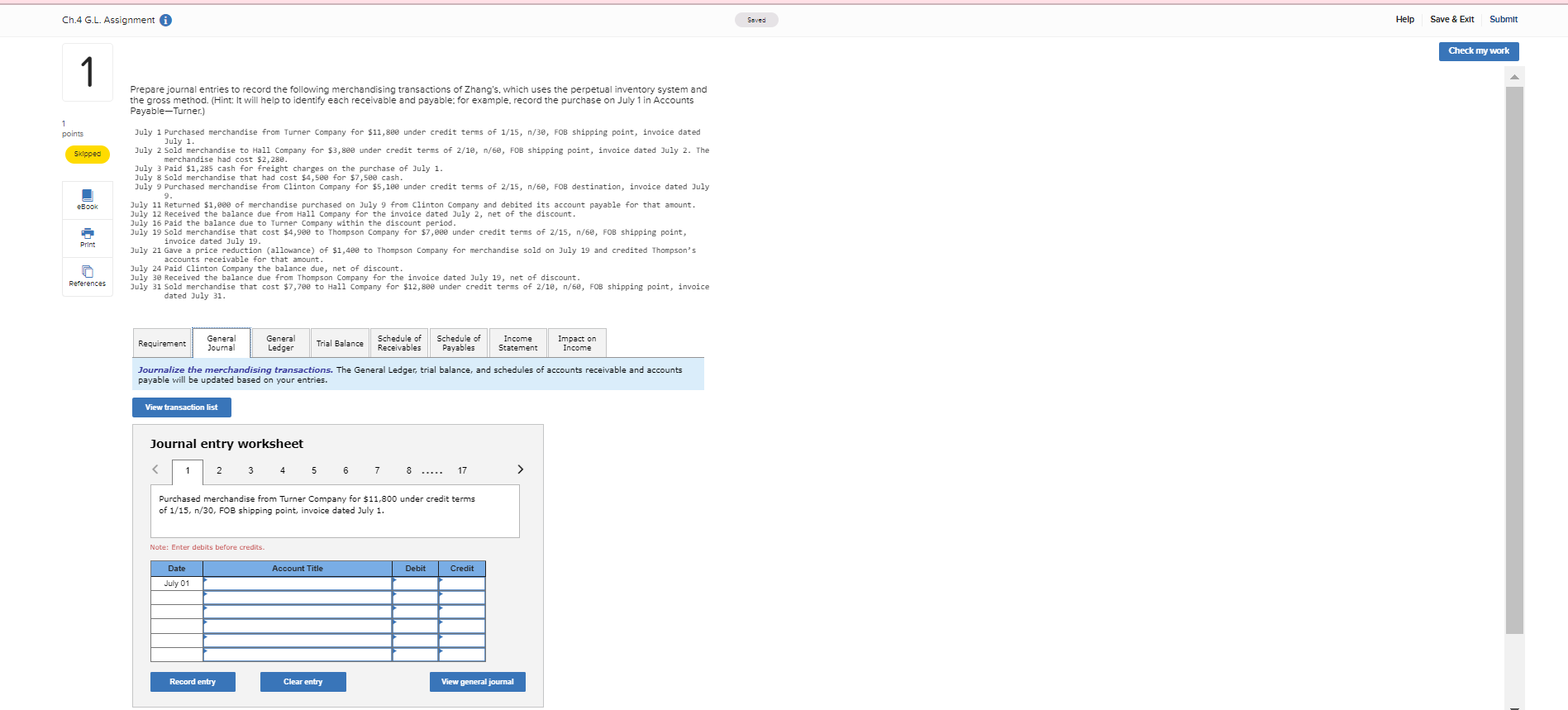 Ch.4 G.L. Assignment Saved Help Save & Exit