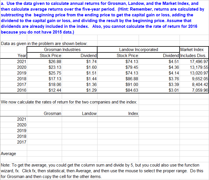 a. Use the data given to calculate annual returns