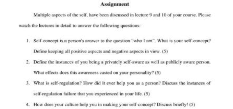 Assignment Multiple aspects of the self, have