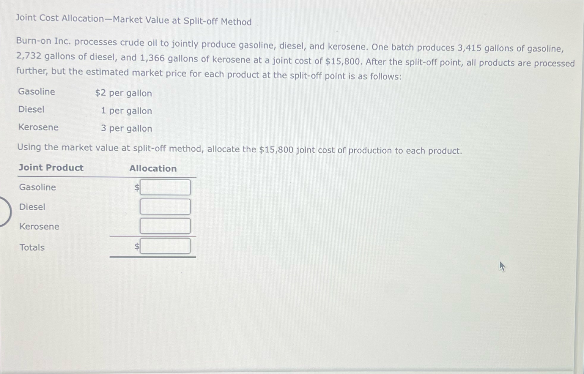 Joint Cost Allocation-Market Value at Split-off