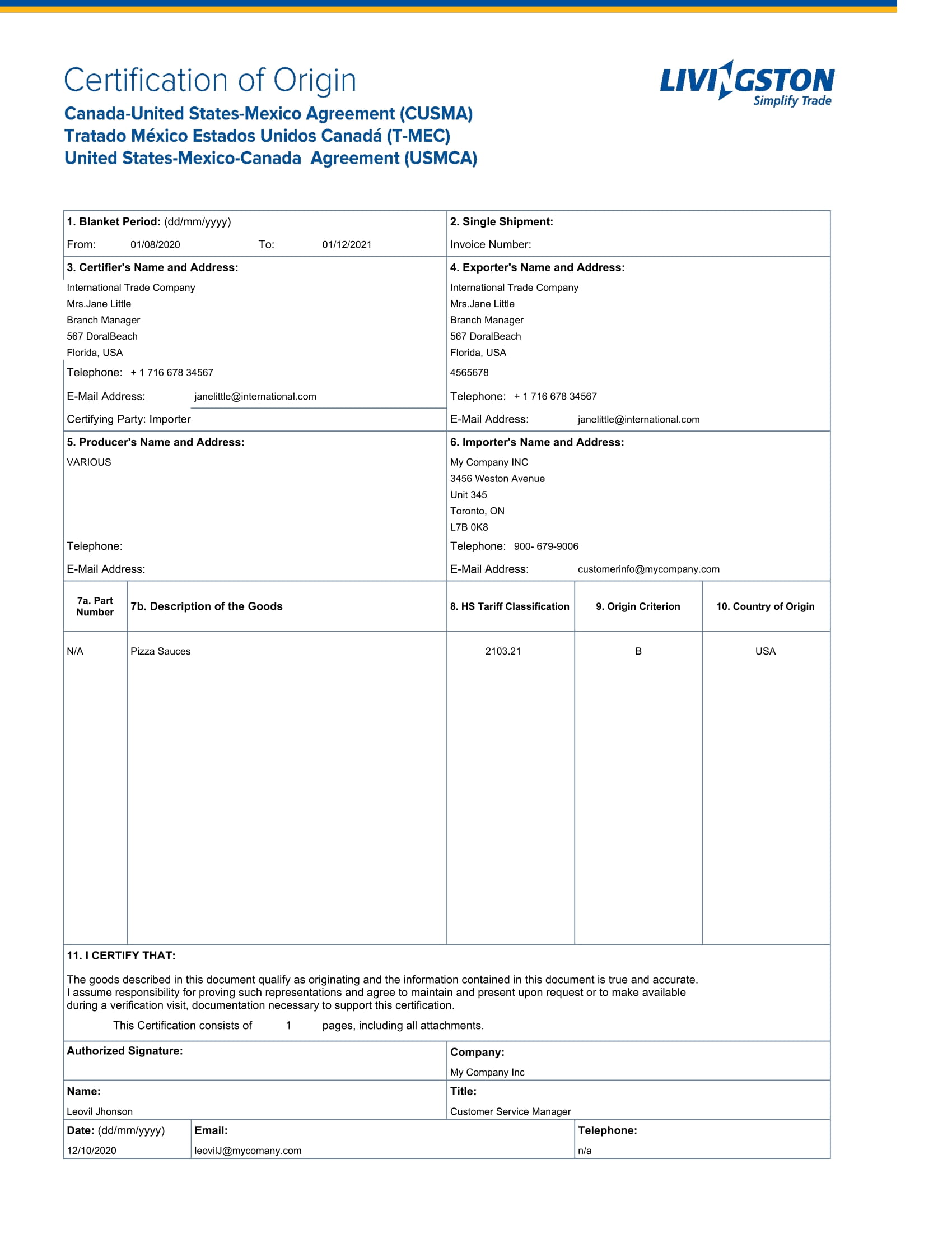 Audit the Certificate of Origin comparing it with