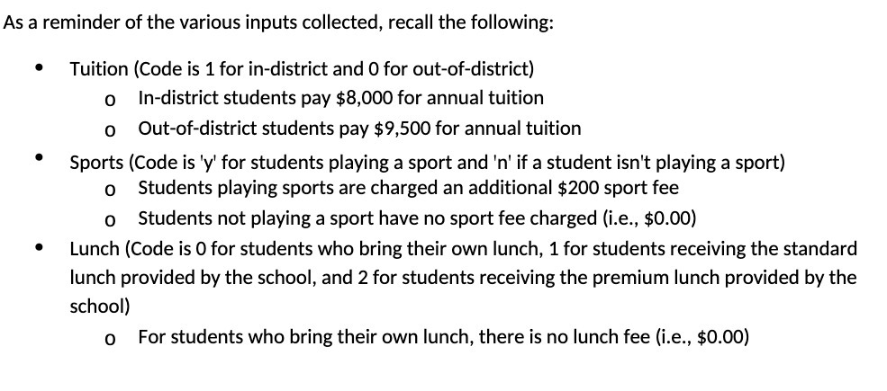 As a reminder of the various inputs collected,