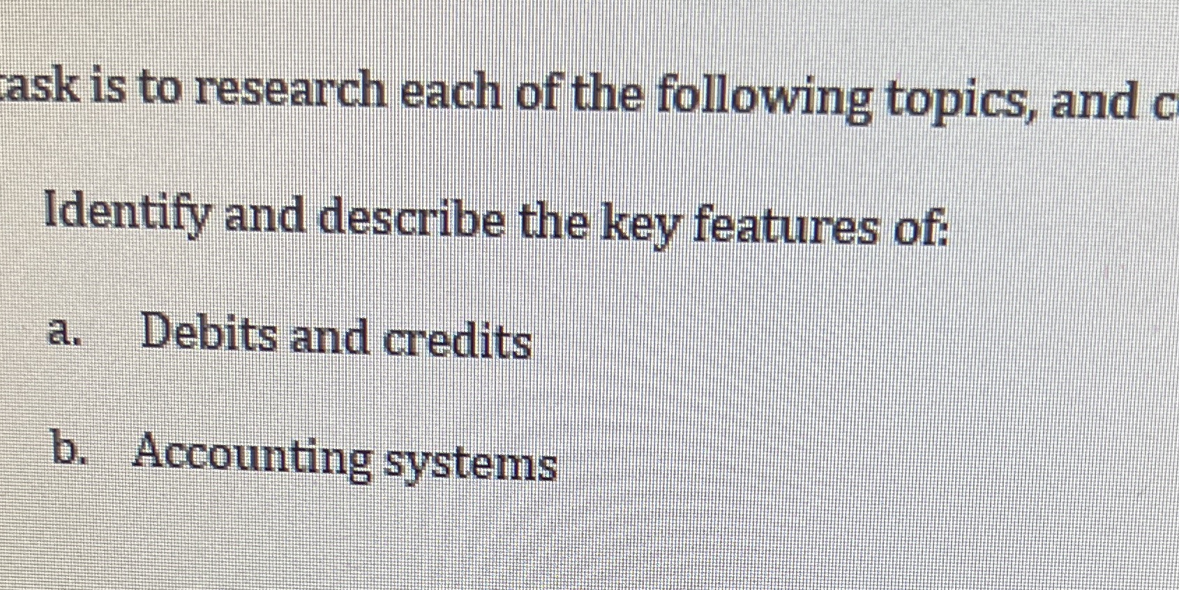 ask is to research each of the following topics,