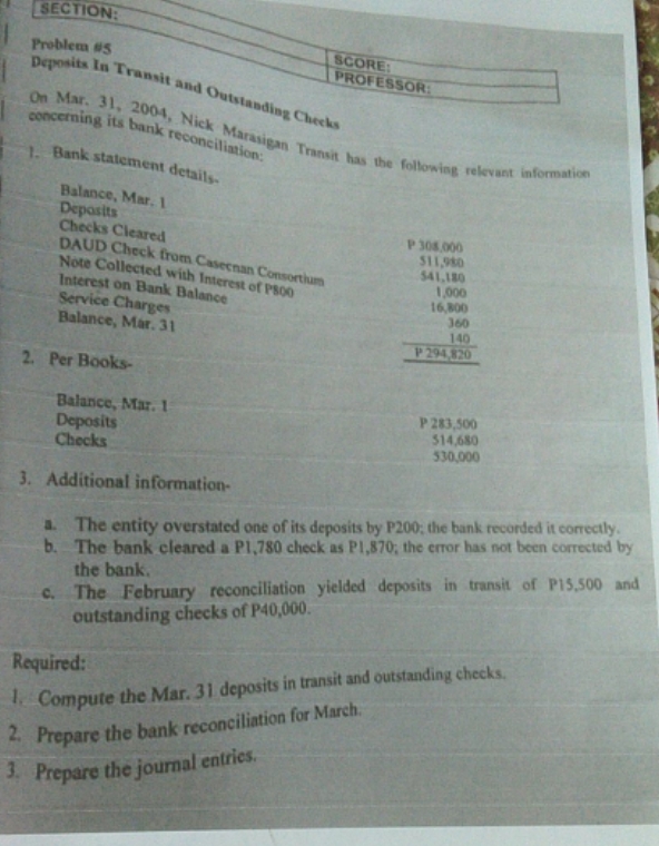 Bank Reconciliation SECTION: Problem #5 SCORE: