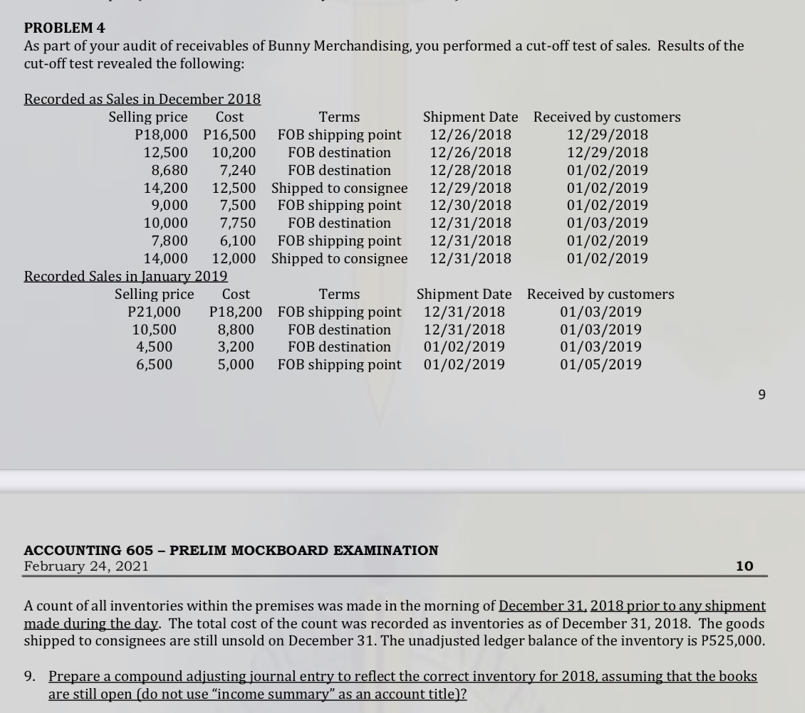 None No answer PROBLEM 4 As part of your audit of