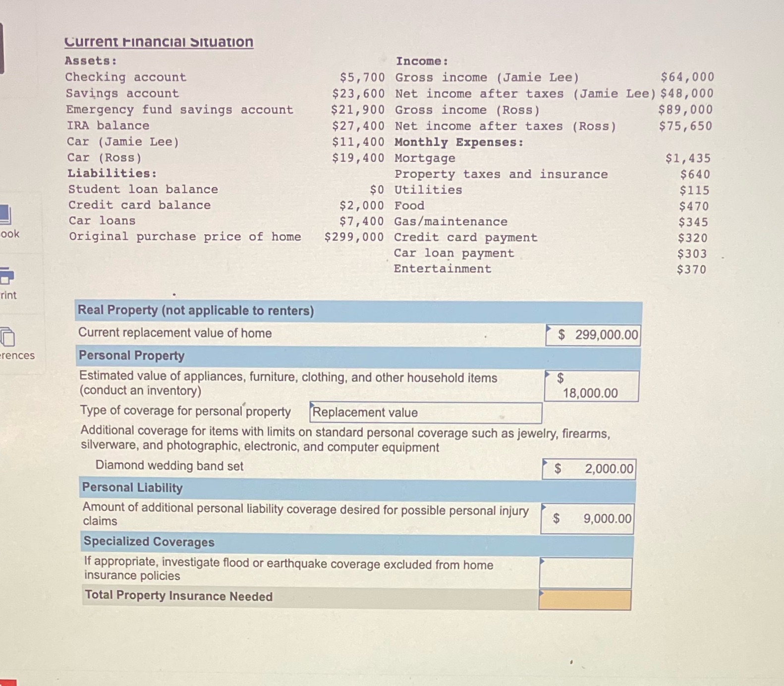 Current Financial Situation Assets : Income :