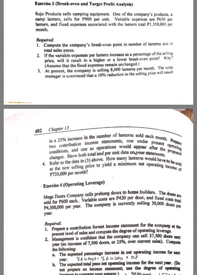 EXERCISE 4 ONLY Exercise 3 (Break-even and Target