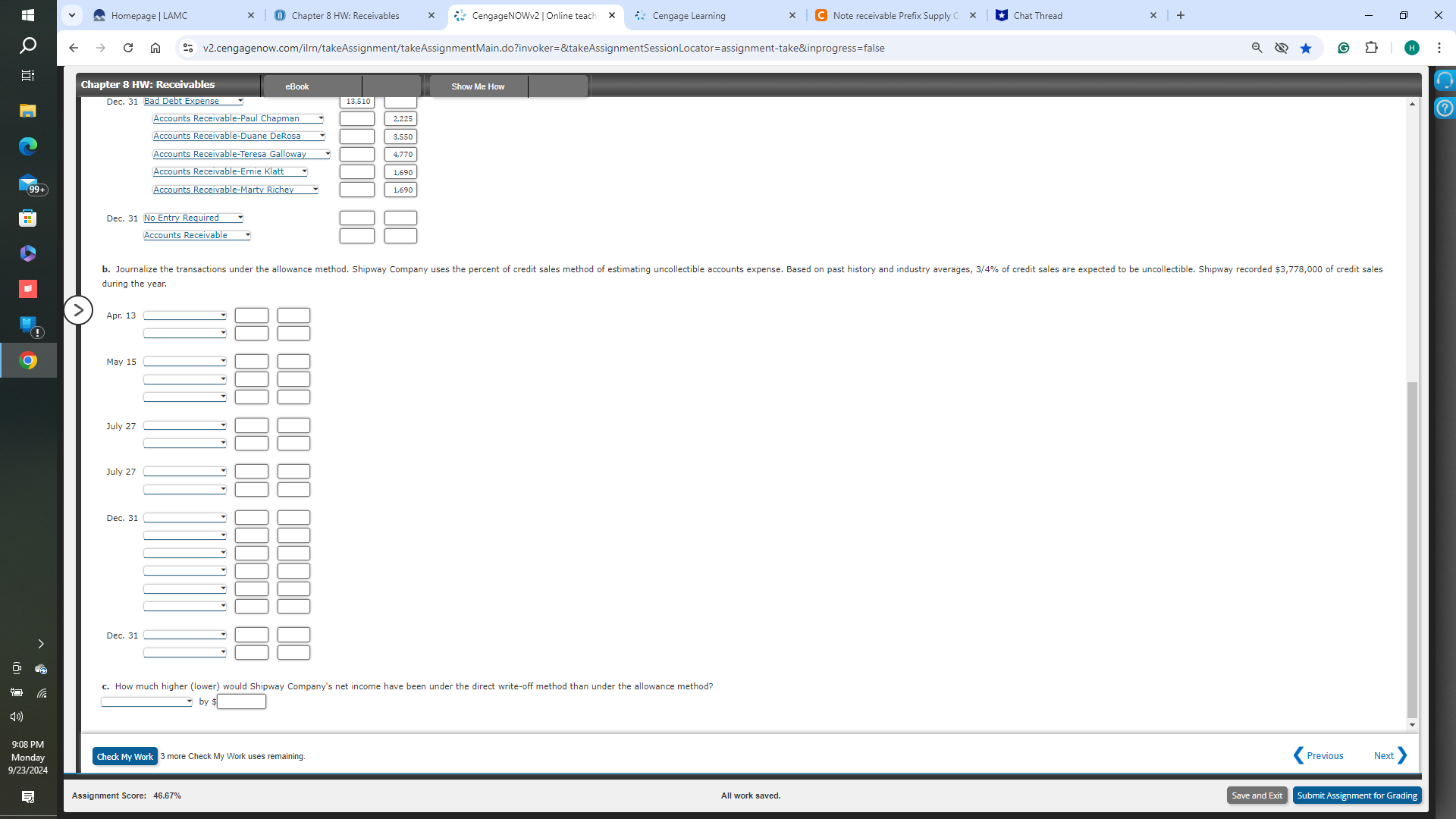 v Homepage | LAMC x 1 Chapter 8 HW: Receivables x