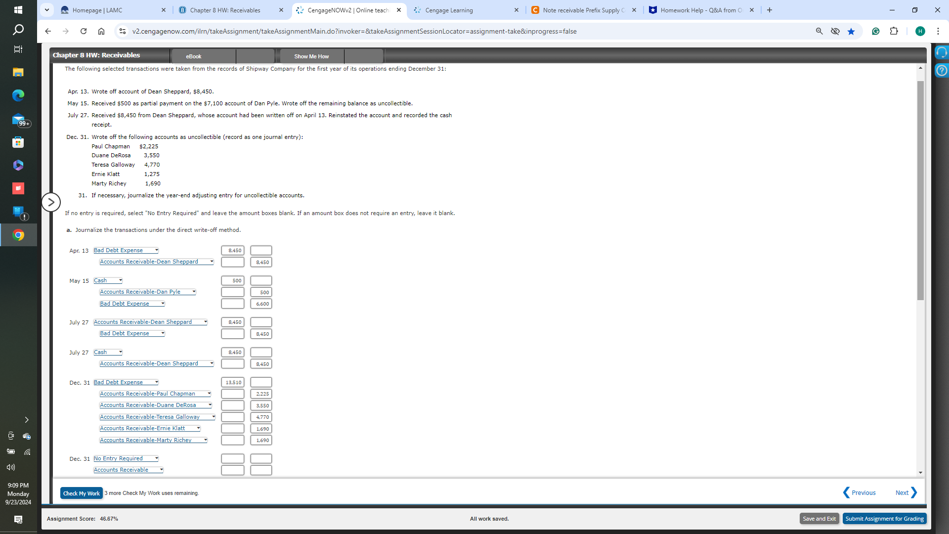 v Homepage | LAMC x 1 Chapter 8 HW: Receivables x