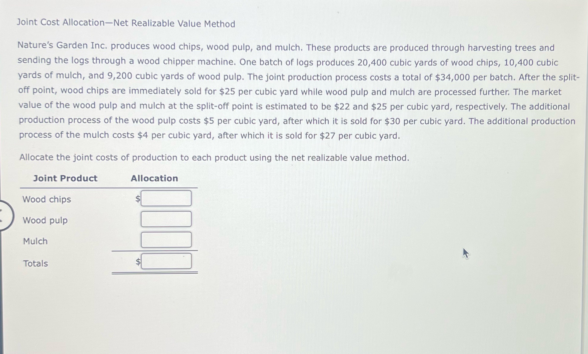 Joint Cost AllocationNet Realizable Value Method