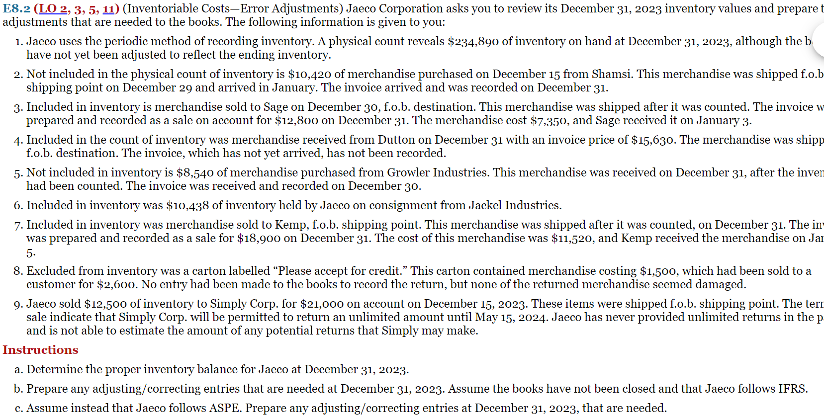 E8.2 (LO 2, 3, 5, 11) (Inventoriable CostsError