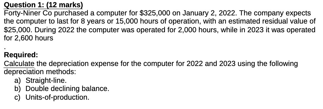 Question 1: (12 marks) Forty-Niner Co purchased a