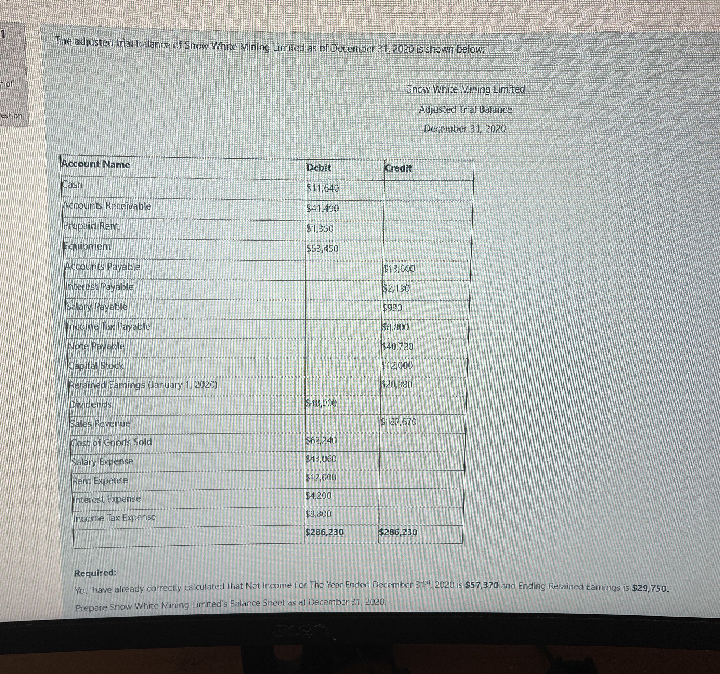 The adjusted trial balance of Snow White Mining