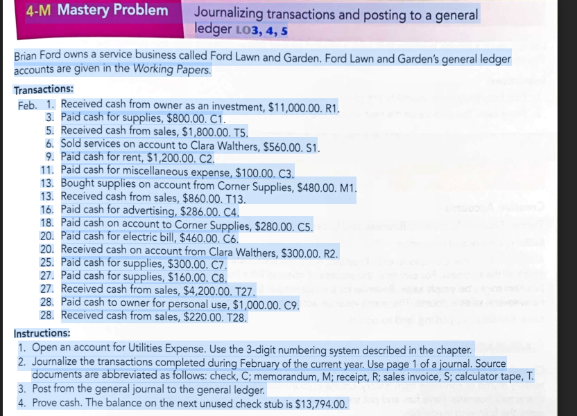 4-M Mastery Problem Journalizing transactions and