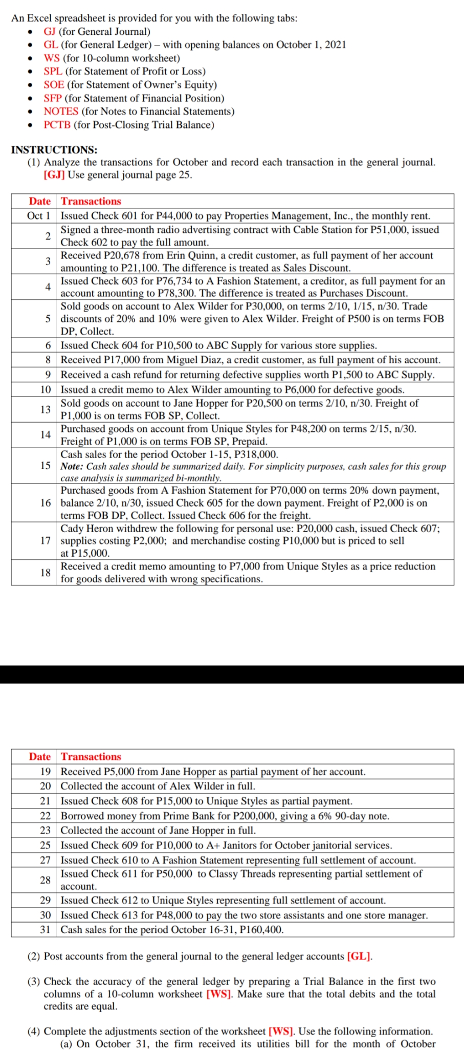 Provide the general ledger An Excel spreadsheet