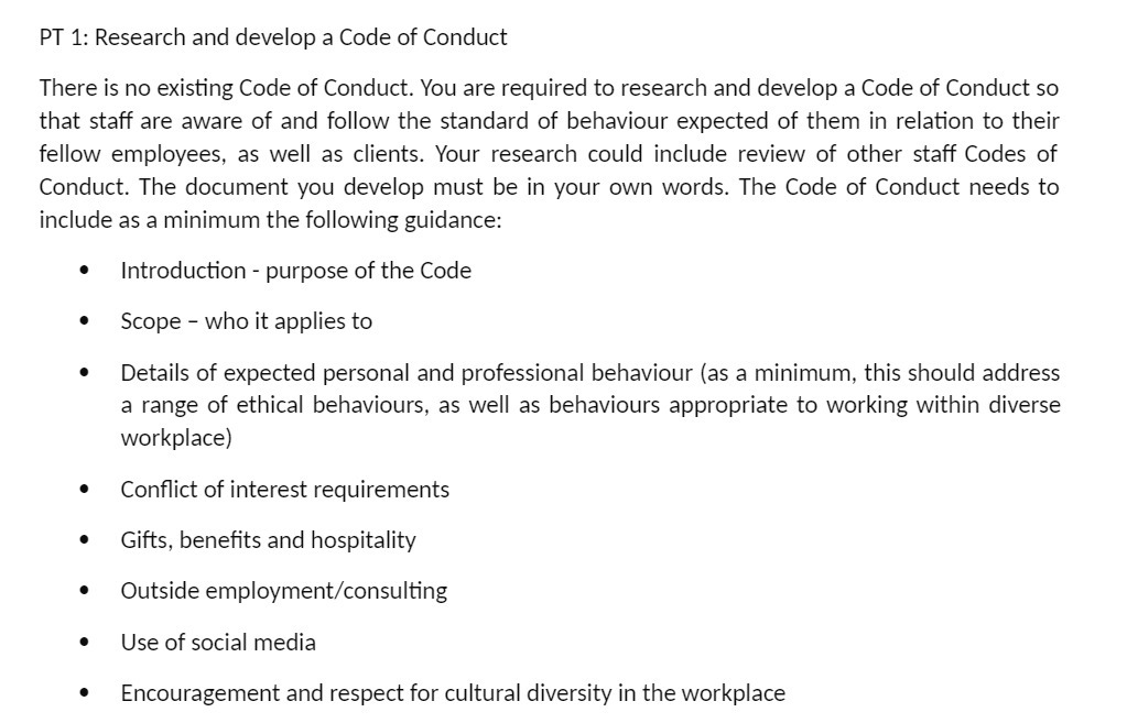 PT 1: Research and develop a Code of Conduct
