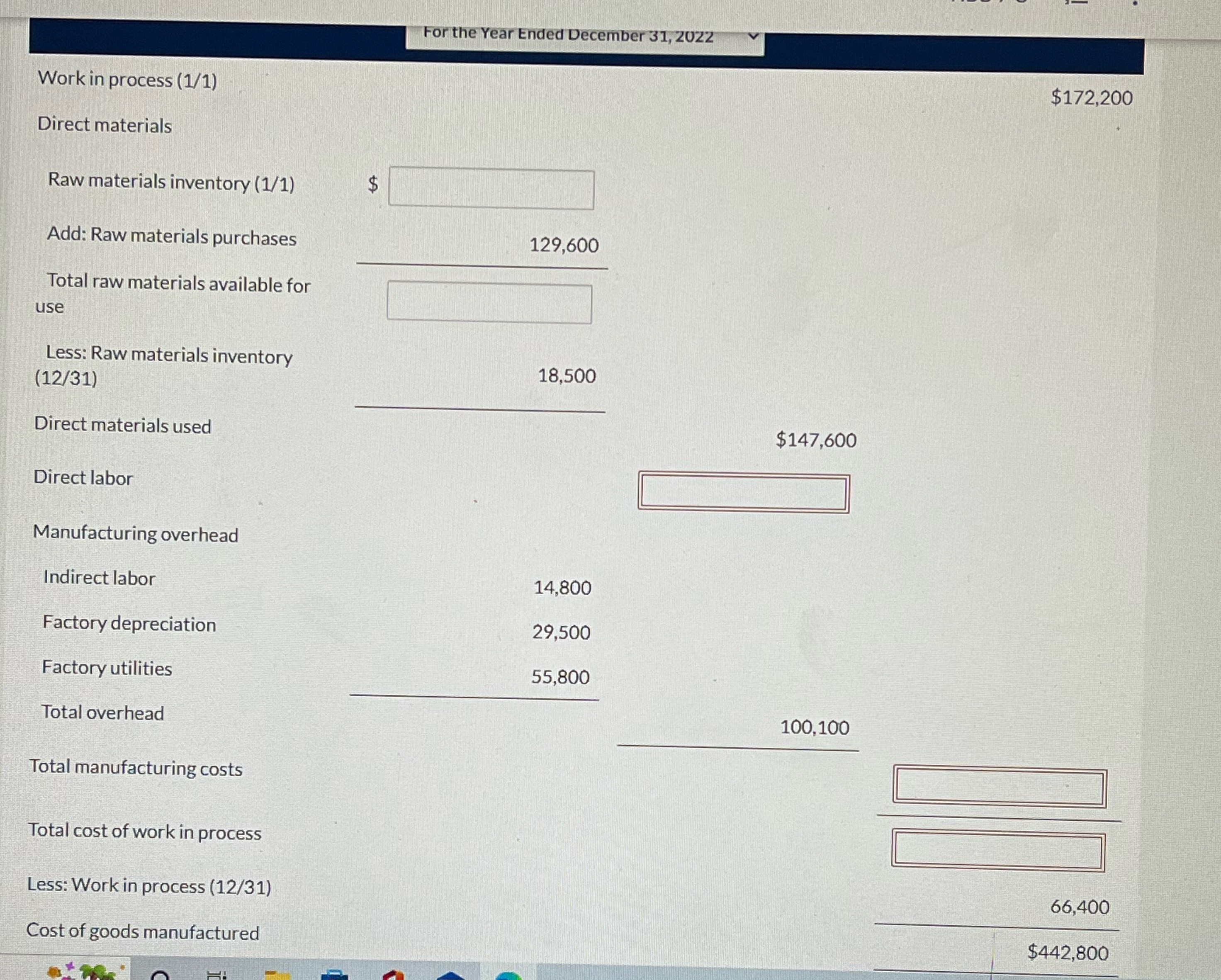 Please help with the blank boxes For the Year