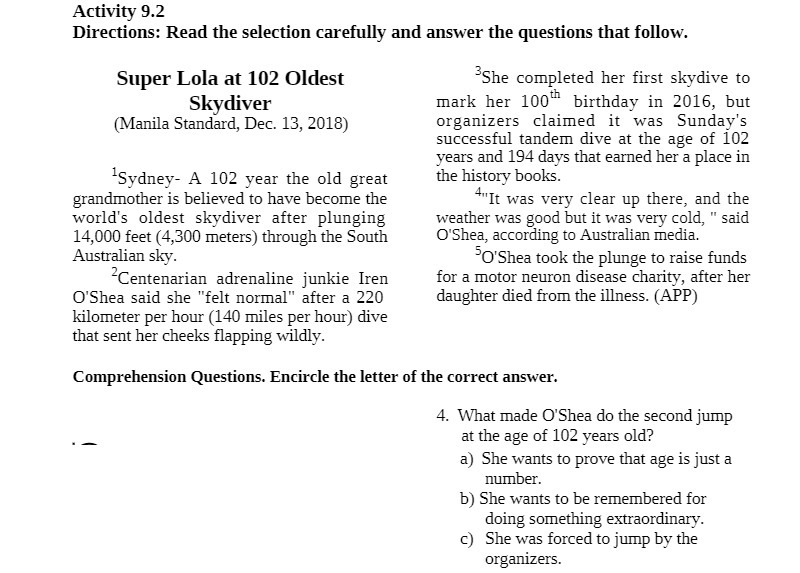 Activity 9.2 Directions: Read the selection