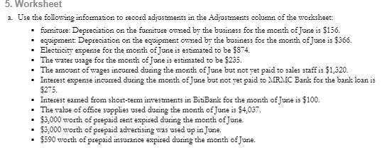 5. Worksheet a. Use the following information to