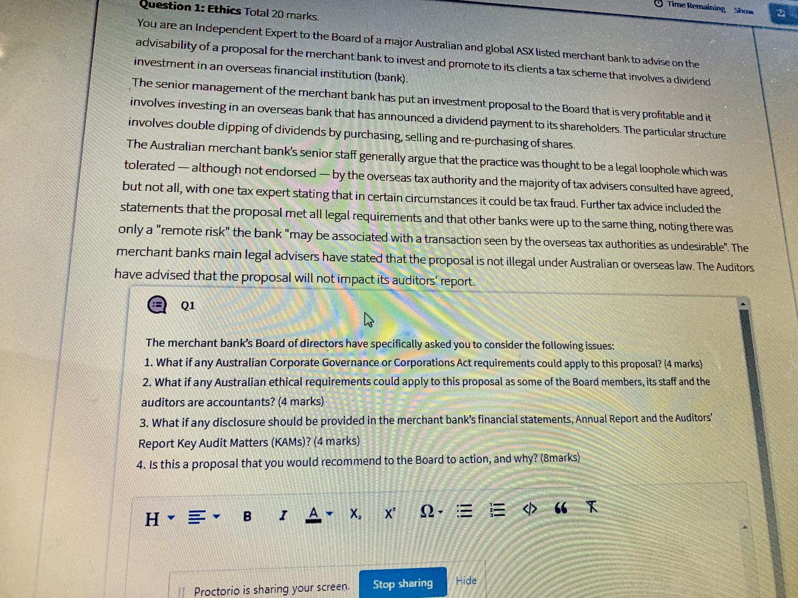 Time Remaining Show Question 1: Ethics Total 20