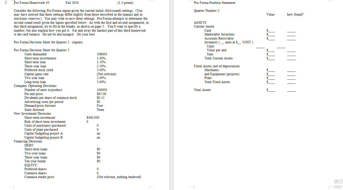 ['ro Forma Homework =3 Fall 2024 (1.5 points) Pro