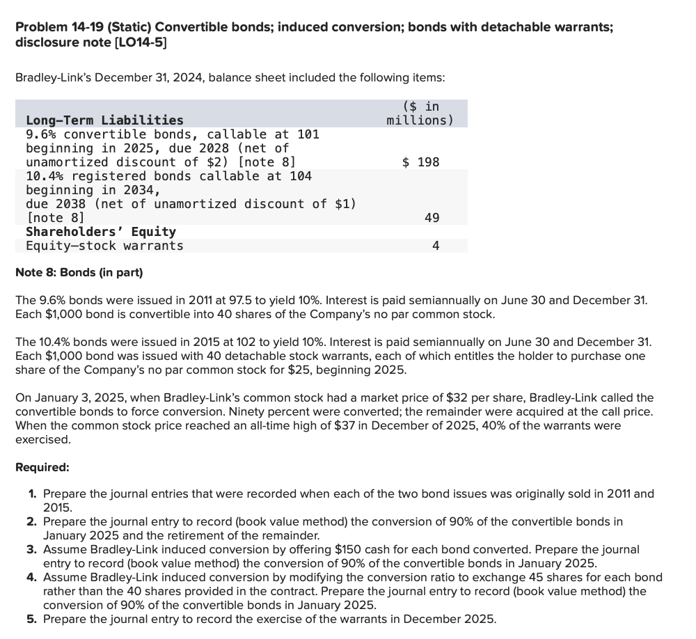 Problem 14-19 (Static) Convertible bonds; induced