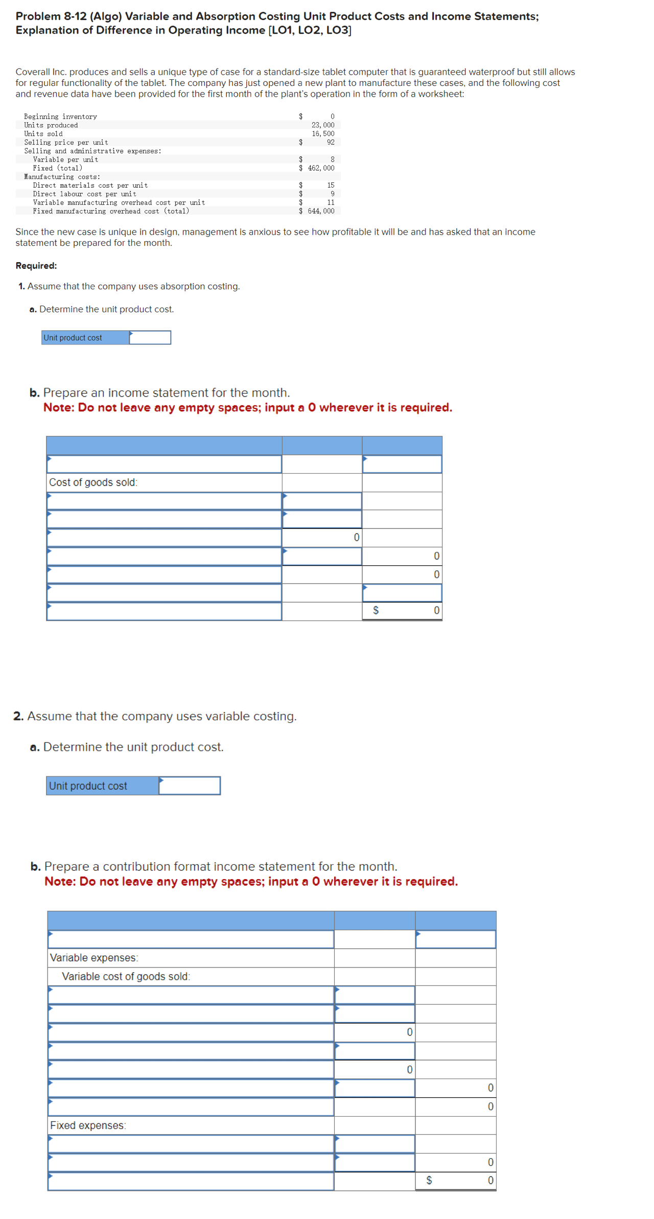Problem 8-12 (Algo) Variable and Absorption