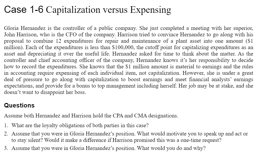 Case 1-6 Capitalization versus Expensing Gloria