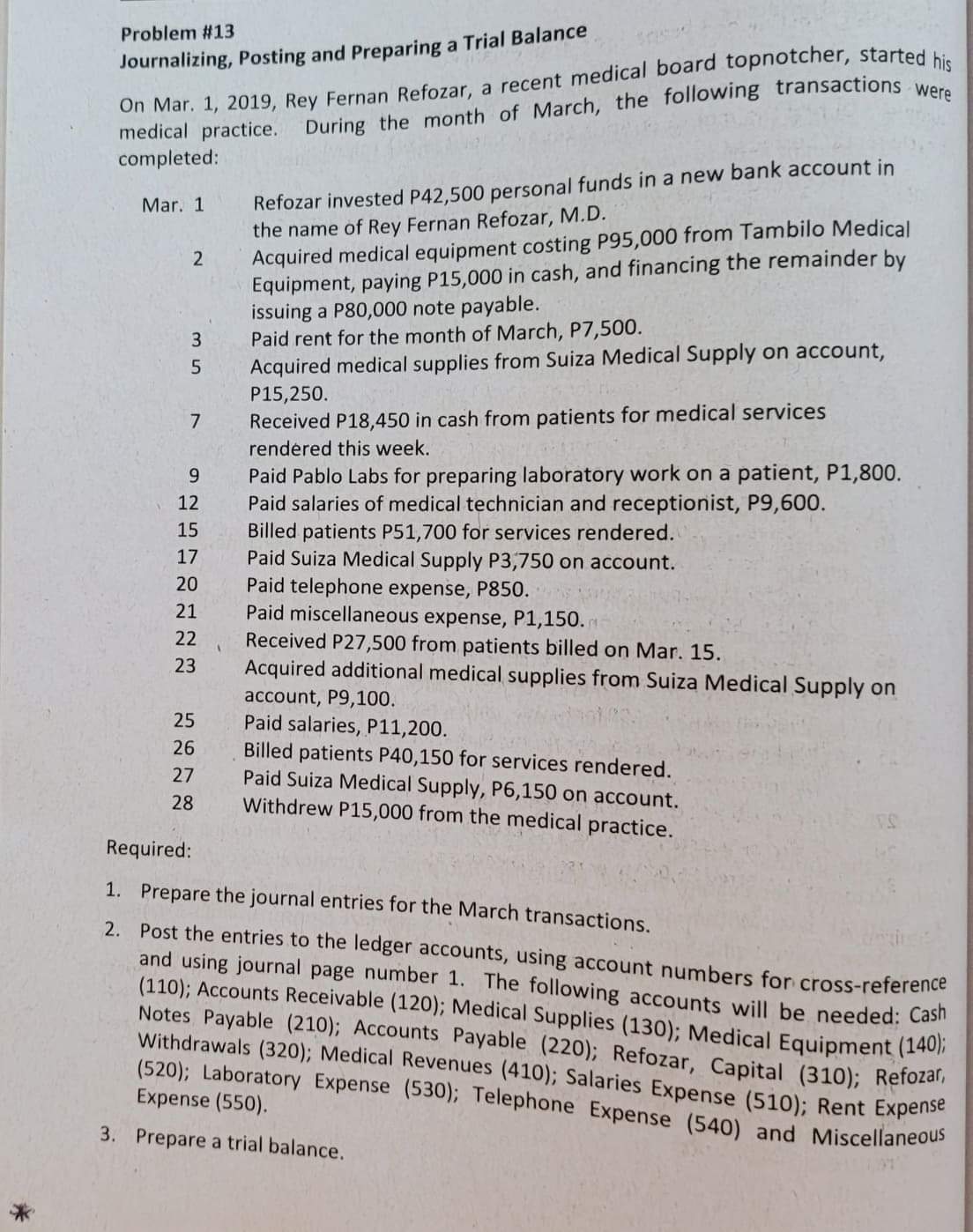 Problem #13 Journalizing, Posting and Preparing a