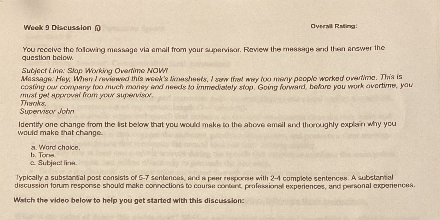 Week 9 Discussion n Overall Rating: You receive