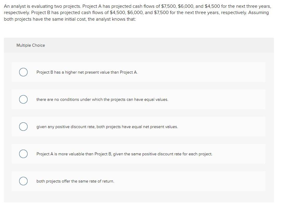 V5 An analyst is evaluating two projects. Project