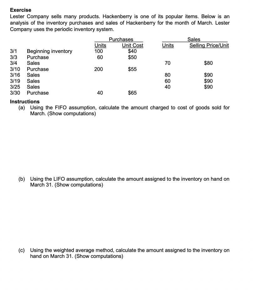 Exercise Lester Company sells many products.