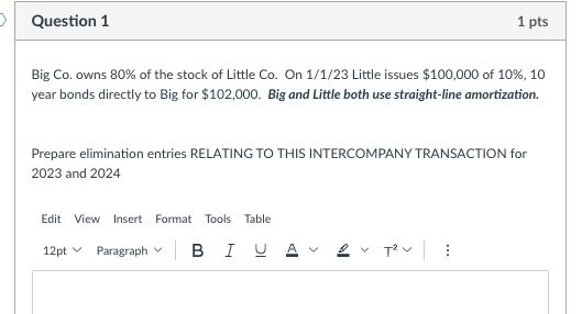 Question 1 1 pts Big Co. owns 80% of the stock of