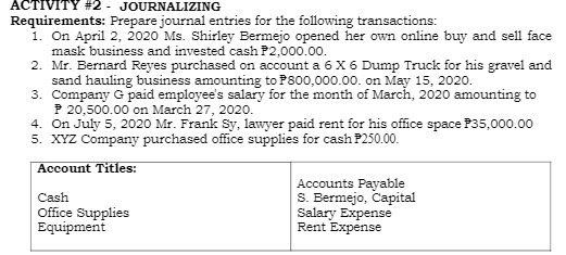 ACTIVITY #2 - JOURNALIZING Requirements: Prepare