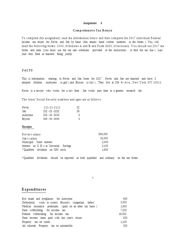 Assignment 6 Comprehensive Tax Return To complete