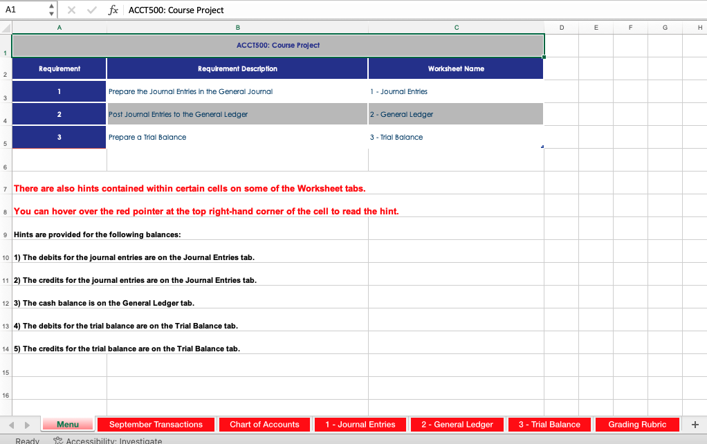A1 X V fx ACCT500: Course Project A B C D E F G H