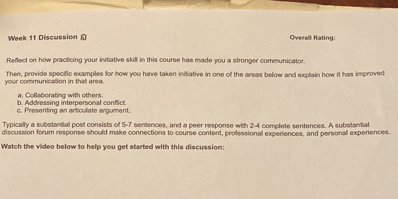 Week 11 Discussion ( Overall Rating: Reflect on