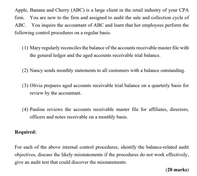 Apple, Banana and Cherry (ABC) is a large client