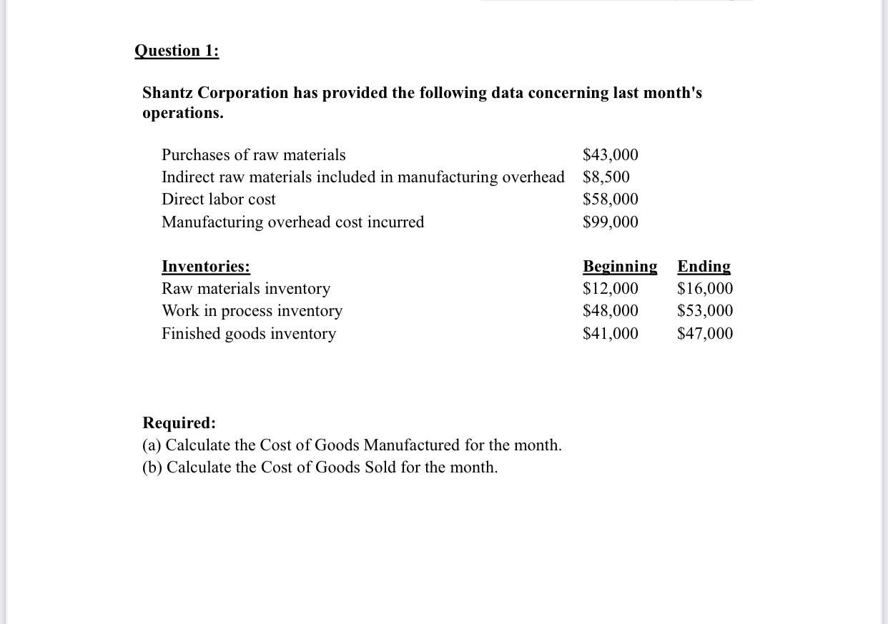 Question 1: Shantz Corporation has provided the