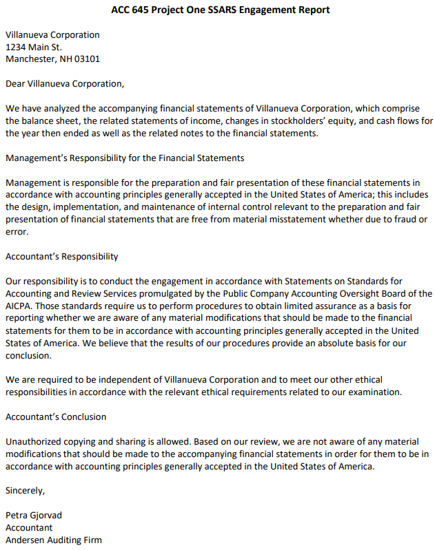 ACC 645 Project One SSARS Engagement Report