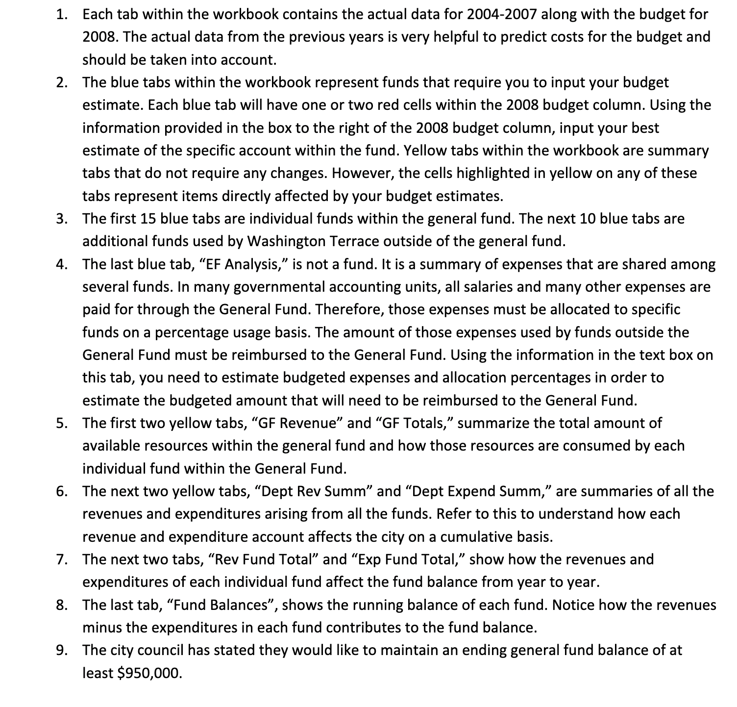 Each tab within the workbook contains the actual