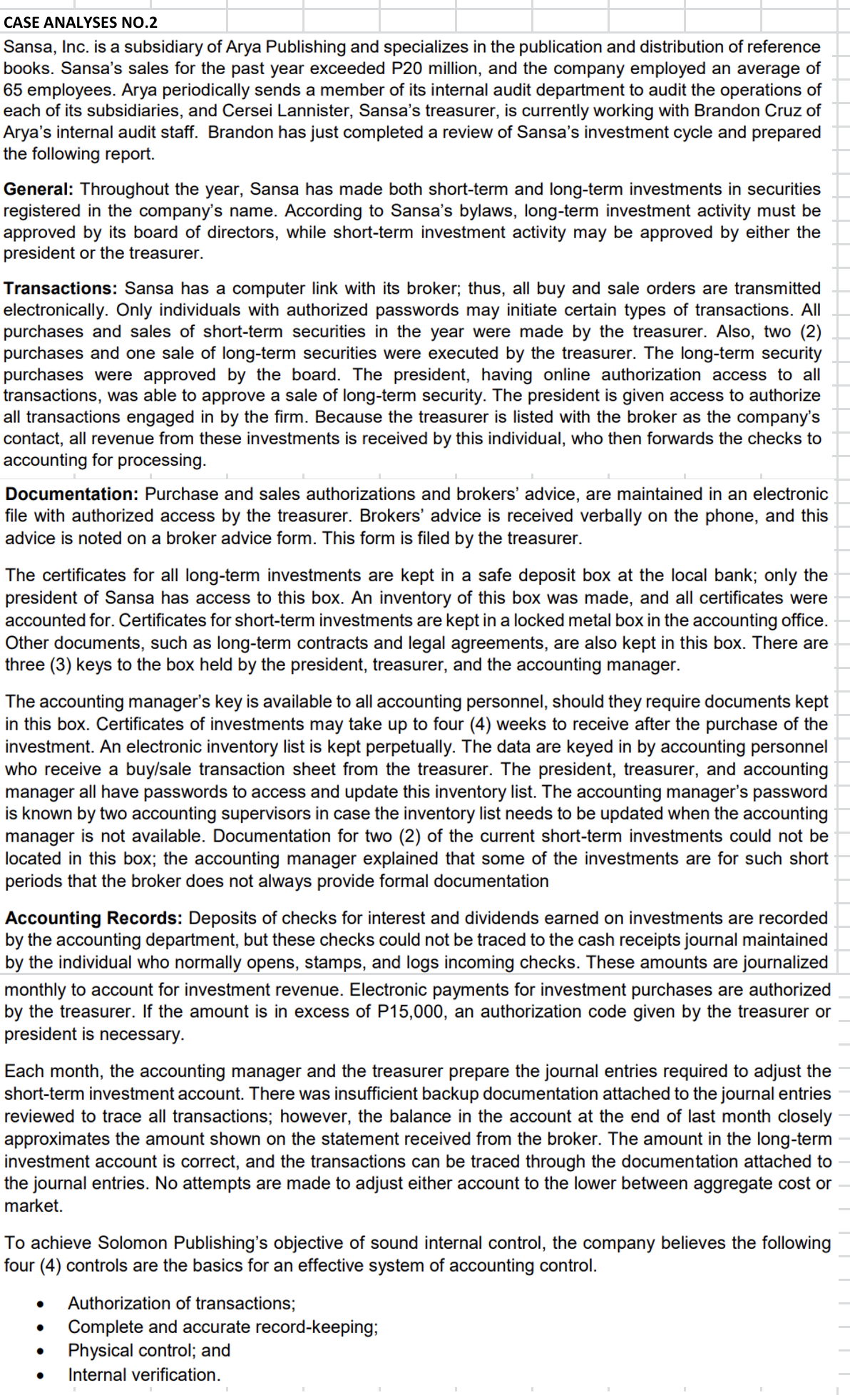 (PLS HELP) CASE 1: CASE ANALYSES no.2 Sansa, Inc.