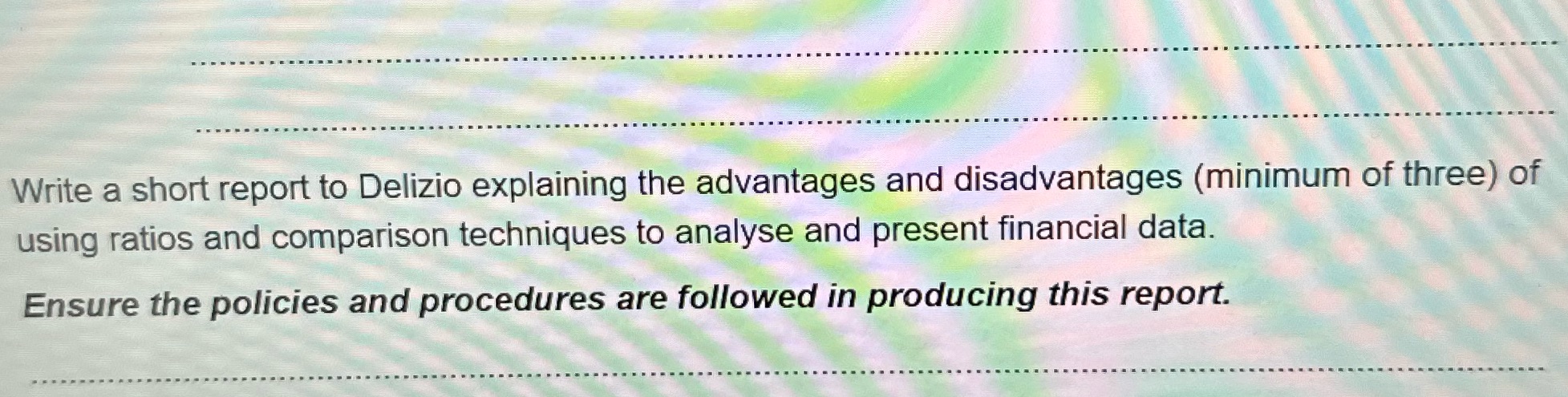 Write a short report to Delizio explaining the