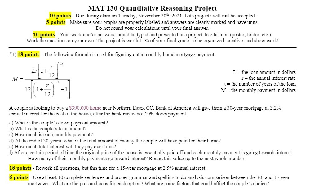 MAT 130 Quantitative Reasoning Project 10 points