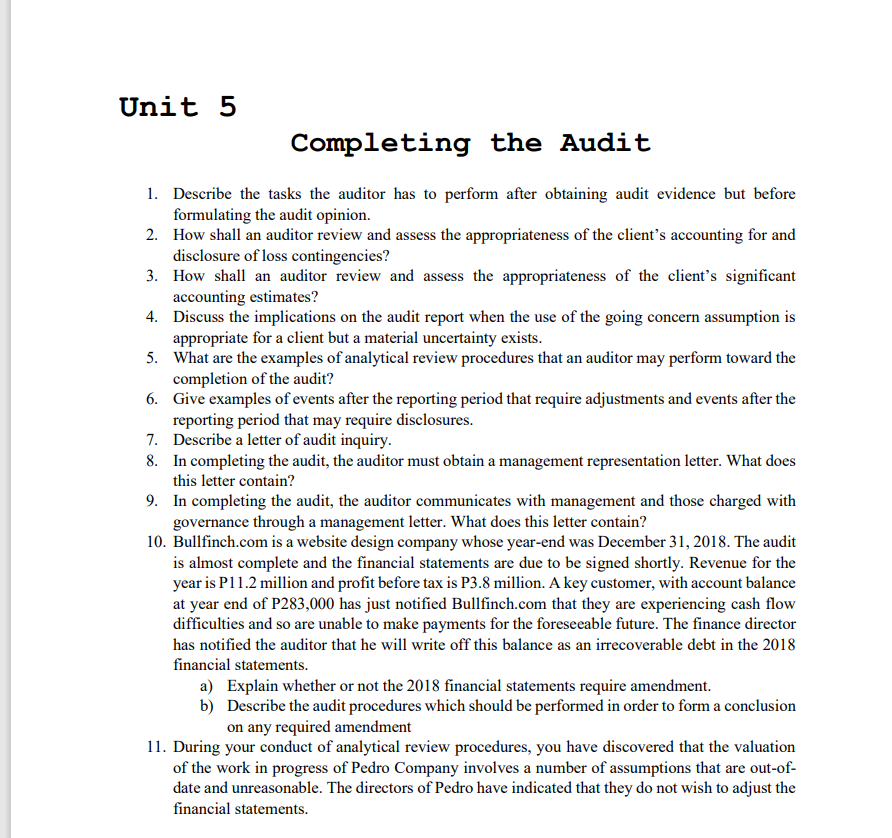 Unit 5 10. ll. Completing the Audit Describe the