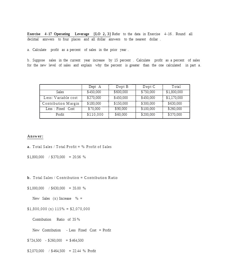 Exercise 4-17 Operating Leverage [LO 2, 3] Refer