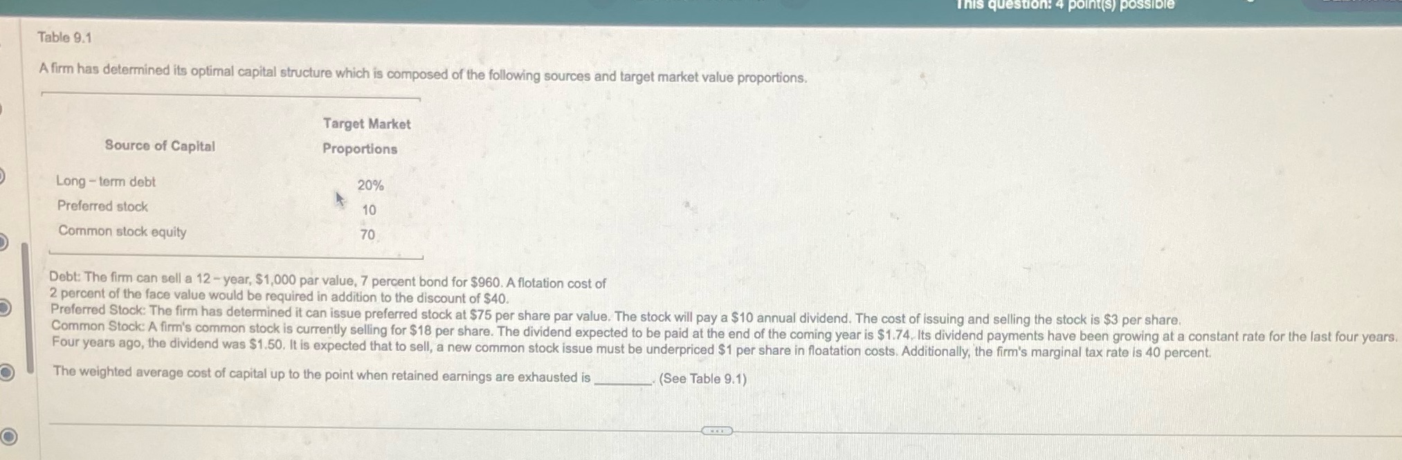 Weighted average This question: 4 point(s)